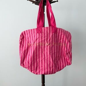 💖 NWOT Victoria’s Secret Pink Stripe Oversized Tote Weekender Bag Gold Logo